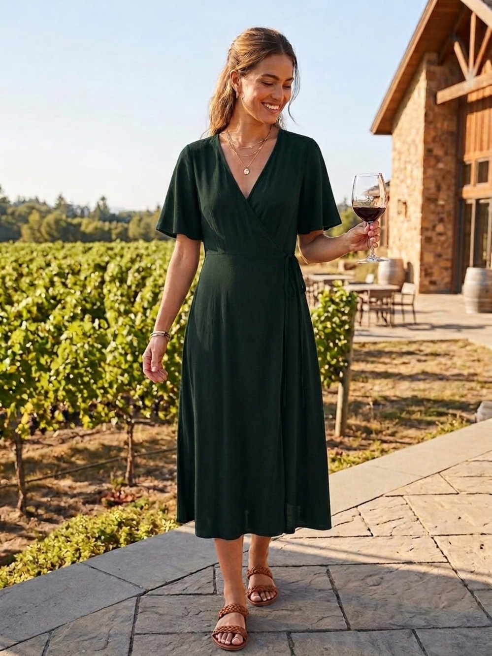 Old Navy Classic Forest Green Wrap Midi Dress - Women Size Large